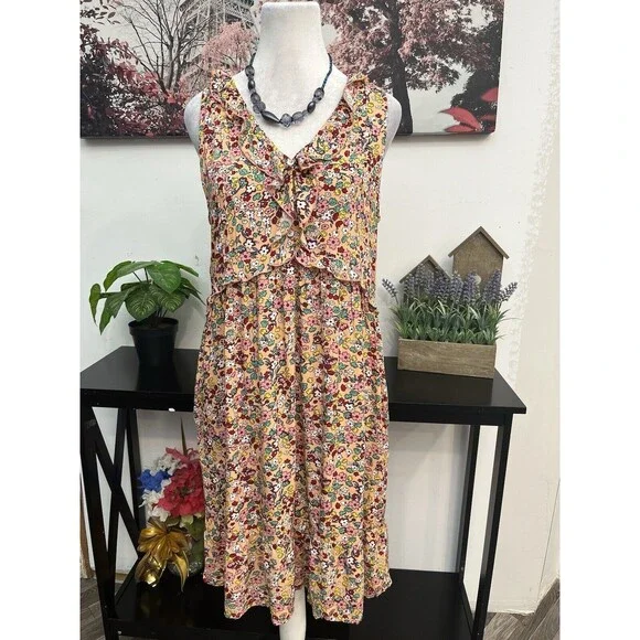Suzanne Betro Women’s shirt dress Size M Floral V Neck Ruffle Tiered Sleeveless - Picture 3 of 10